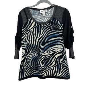 Joseph Ribkoff Women Blouse Top Mesh Ruched Rolled Tab Sleeve Black Size 10*